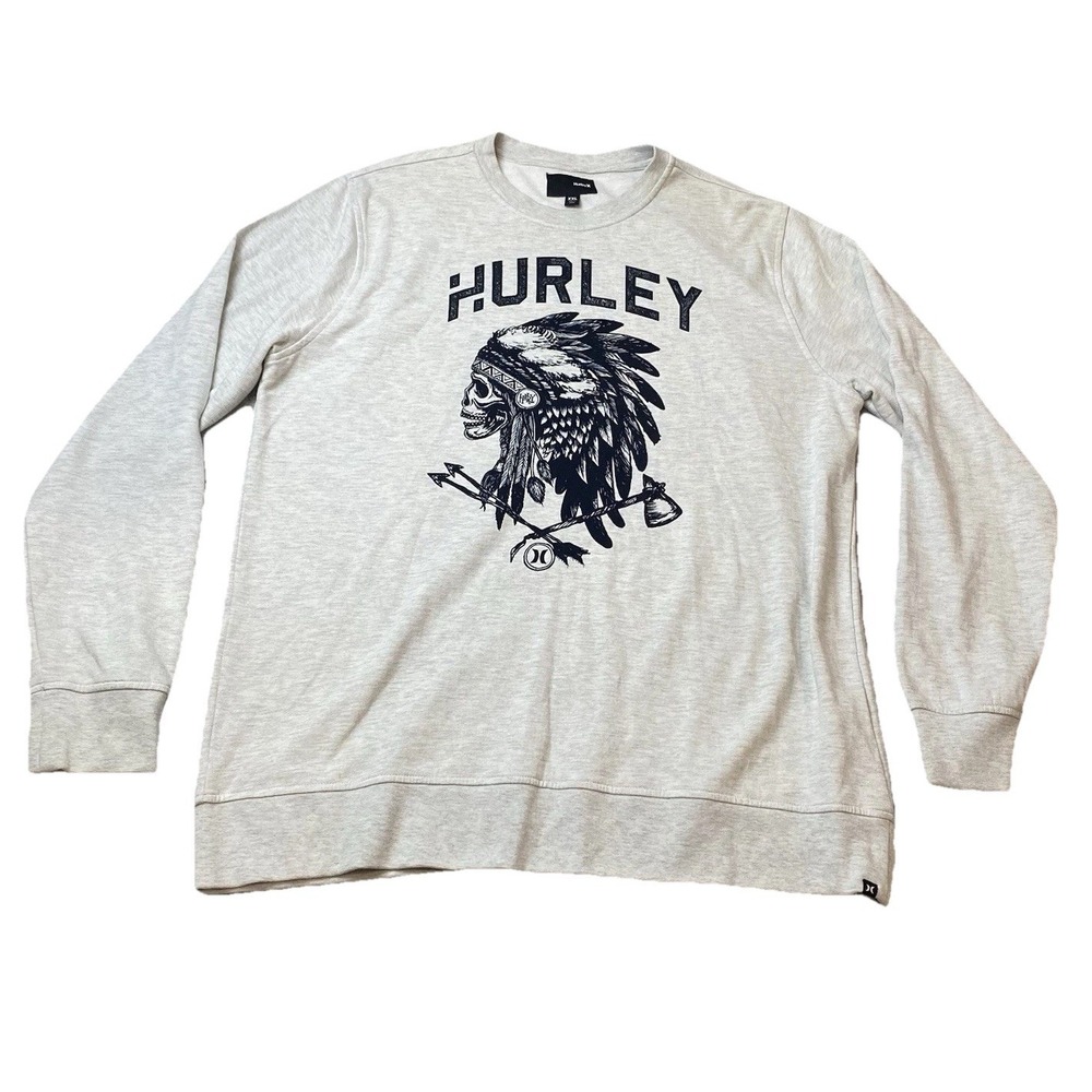 Hurley Native American Headdress Skull Sweatshirt Mens 2XL Heather Gray Grunge